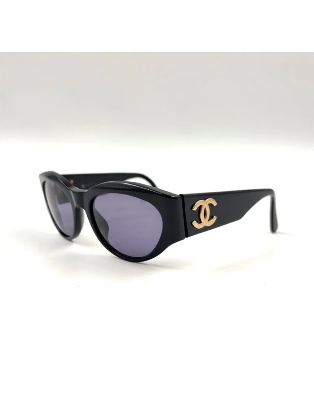 Chanel CC Logo Oval Acetate Gray Black Sunglasses Gold Eyewear